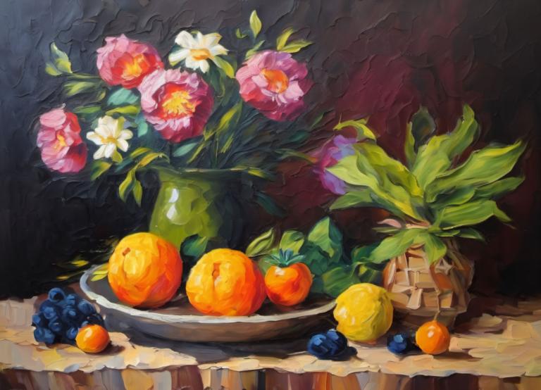 Oil Painting,Oil Painting, Still life, still life, no humans, fruit, flower, food, orange (fruit), still life