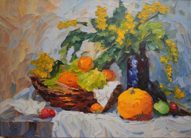 Oil Painting,Oil Painting, Still life, still life, food, no humans, fruit, tree, leaf, food focus, scenery