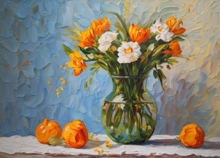 Oil Painting,Oil Painting, Still life, still life, flower, no humans, white flower, still life, orange flower