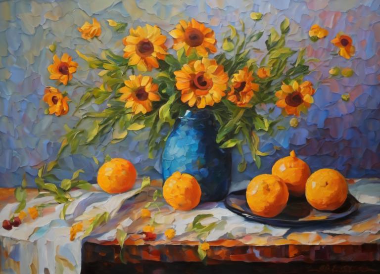 Oil Painting,Oil Painting, Still life, still life, flower, no humans, sunflower, food, fruit, bird