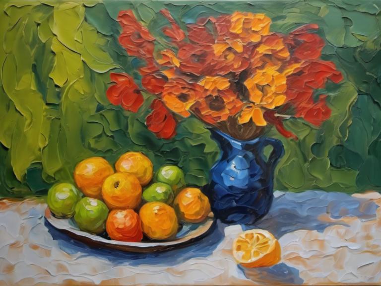 Oil Painting,Oil Painting, Still life, still life, no humans, fruit, food, leaf, orange (fruit)