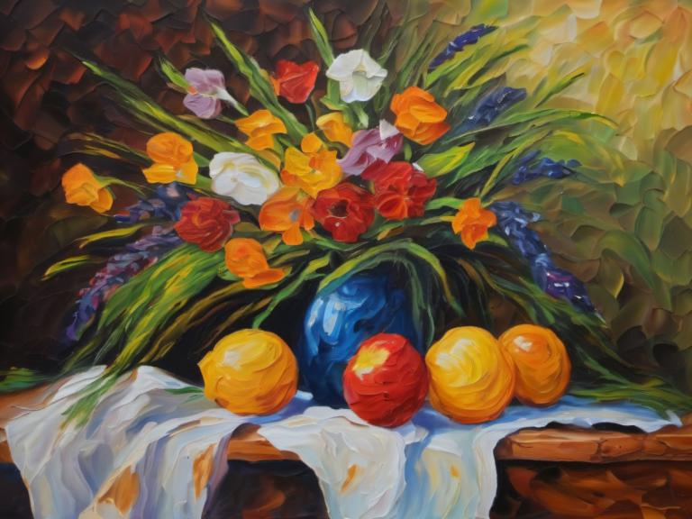 Oil Painting,Oil Painting, Still life, still life, no humans, still life, flower, leaf, fruit, orange flower