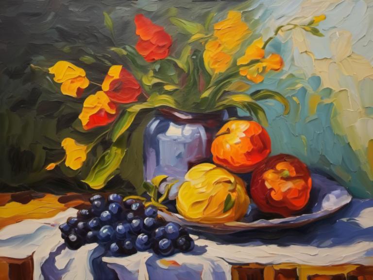 Oil Painting,Oil Painting, Still life, still life, no humans, fruit, food, leaf, traditional media