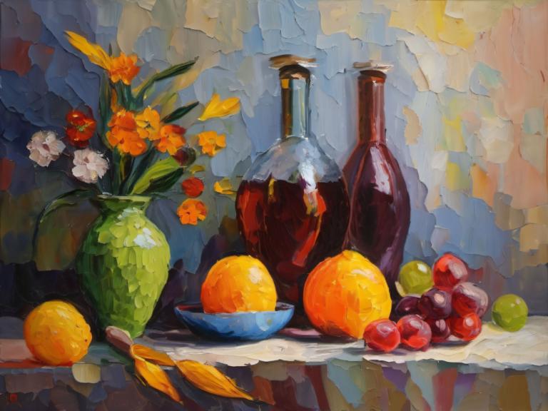 Oil Painting,Oil Painting, Still life, still life, fruit, flower, no humans, food, still life, bottle