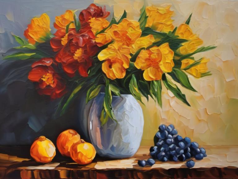 Oil Painting,Oil Painting, Still life, still life, no humans, flower, still life, fruit, food, realistic