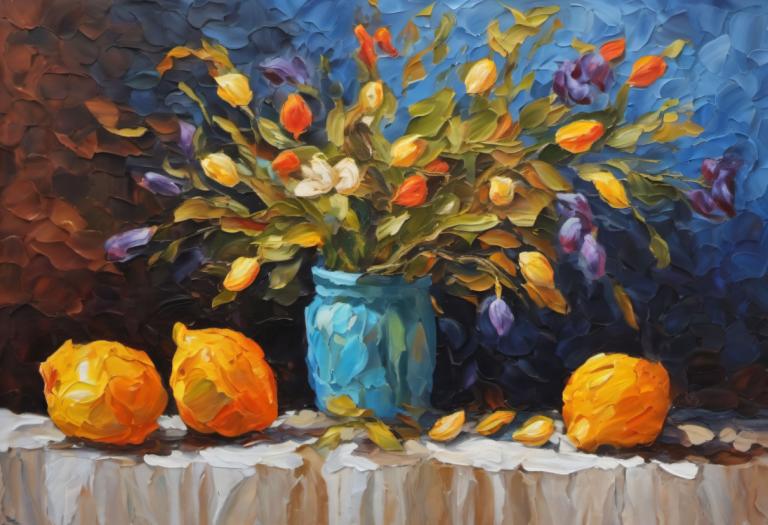 Oil Painting,Oil Painting, Still life, still life, no humans, leaf, flower, still life, solo