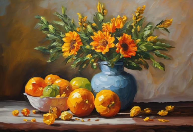 Oil Painting,Oil Painting, Still life, still life, no humans, flower, food, fruit, sunflower, still life