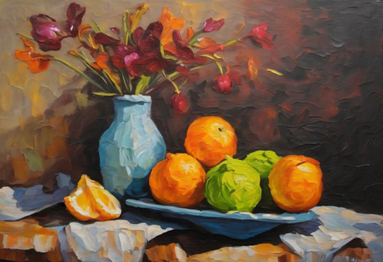 Oil Painting,Oil Painting, Still life, still life, no humans, still life, flower, food, fruit, food focus