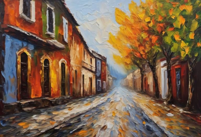 Oil Painting,Oil Painting, City, street, no humans, scenery, tree, outdoors, sky, autumn leaves, day, autumn