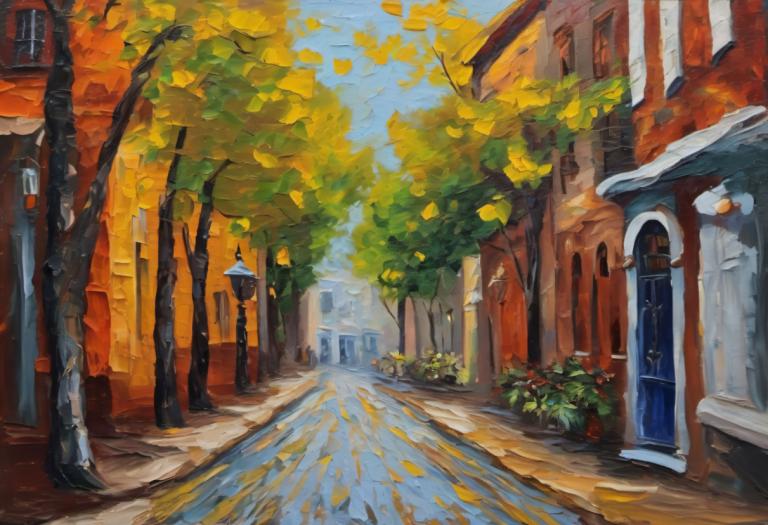 Oil Painting,Oil Painting, City, street, scenery, no humans, tree, outdoors, road, sky, day