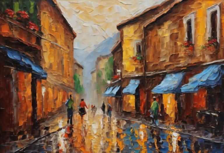 Oil Painting,Oil Painting, City, street, traditional media, painting (medium), scenery, outdoors, walking