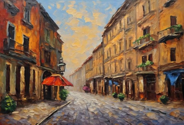 Oil Painting,Oil Painting, City, street, no humans, scenery, outdoors, sky, building, umbrella, day, cloud