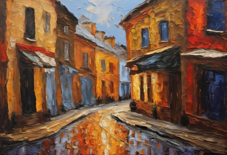 Oil Painting,Oil Painting, City, street, scenery, sky, outdoors, day, traditional media, no humans, blue sky