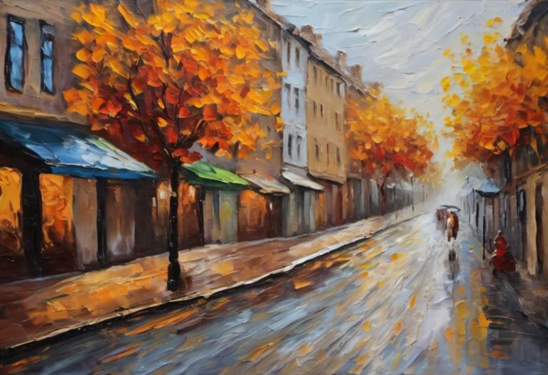 Oil Painting,Oil Painting, City, street, scenery, tree, road, outdoors, traditional media, sky, autumn leaves