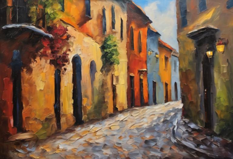 Oil Painting,Oil Painting, City, street, no humans, scenery, outdoors, sky, day, arch, building, road