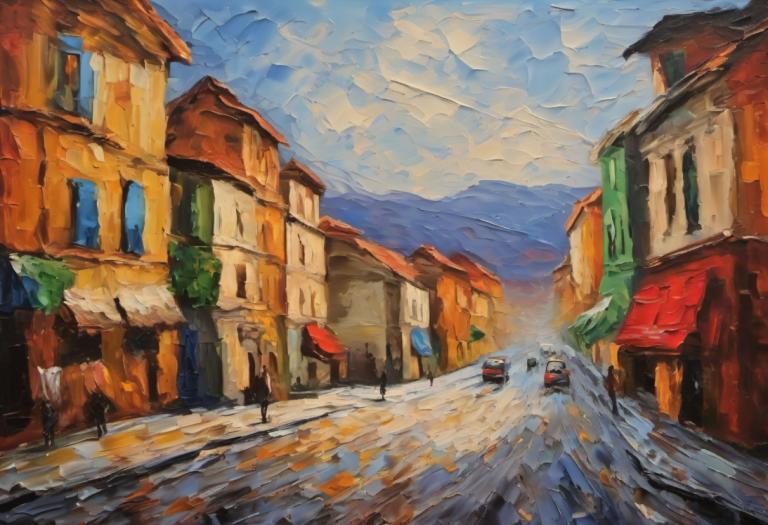 Oil Painting,Oil Painting, City, street, scenery, sky, cloud, outdoors, road, ground vehicle, motor vehicle