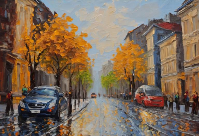 Oil Painting,Oil Painting, City, street, car, motor vehicle, ground vehicle, tree, outdoors, road, scenery