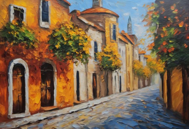 Oil Painting,Oil Painting, City, street, no humans, scenery, tree, sky, outdoors, day, traditional media