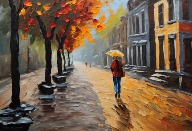 Oil Painting,Oil Painting, City, street, umbrella, tree, outdoors, walking, scenery, pants, denim, road