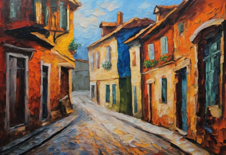 Oil Painting,Oil Painting, City, street, no humans, scenery, sky, outdoors, traditional media, blue sky, day