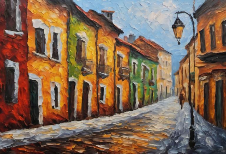 Oil Painting,Oil Painting, City, street, no humans, scenery, sky, traditional media, outdoors, day, cloud