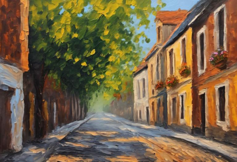 Oil Painting,Oil Painting, City, street, no humans, scenery, outdoors, tree, sky, day, blue sky, flower, road