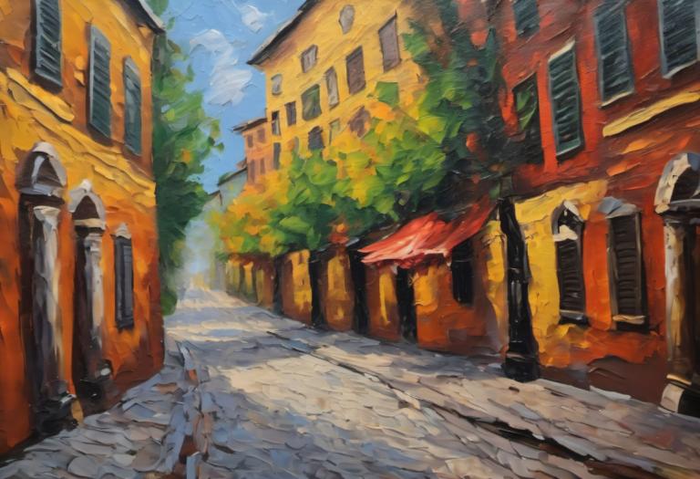 Pittura ad olio,Pittura ad olio, Città, strada, albero, all'aperto, edificio, cielo, giorno, scenario, nuvola