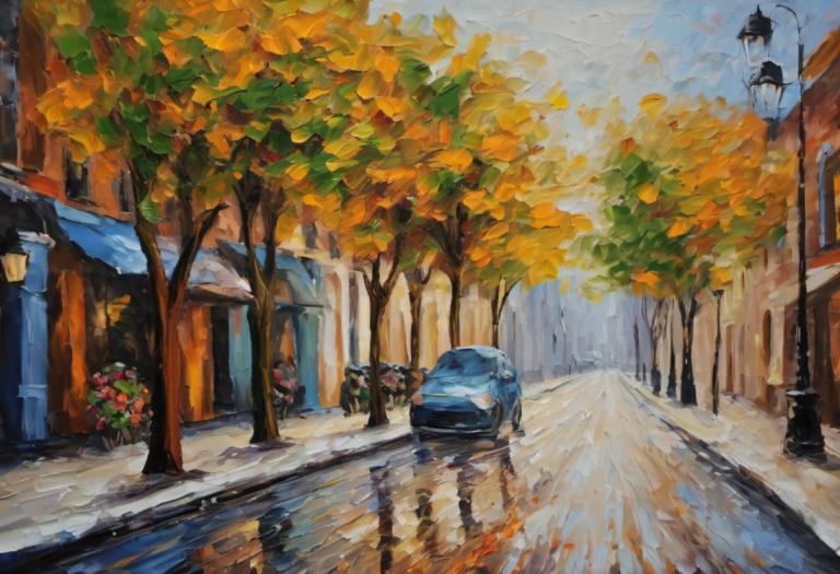 Oil Painting,Oil Painting, City, street, road, car, ground vehicle, outdoors, motor vehicle, tree, no humans