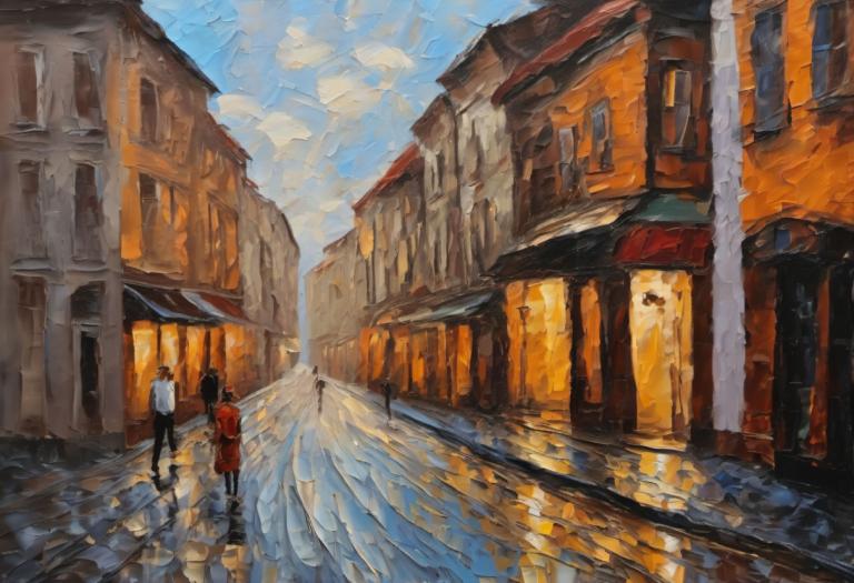 Pittura ad olio,Pittura ad olio, Città, strada, cielo, scenario, all'aperto, nuvola, giorno, edificio