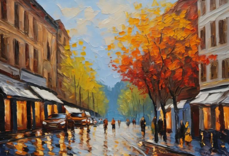 Oil Painting,Oil Painting, City, street, tree, outdoors, scenery, autumn leaves, sky, autumn, building, day