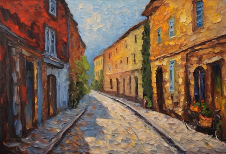 Pittura ad olio,Pittura ad olio, Città, strada, scenario, nessun essere umano, all'aperto, strada, cielo