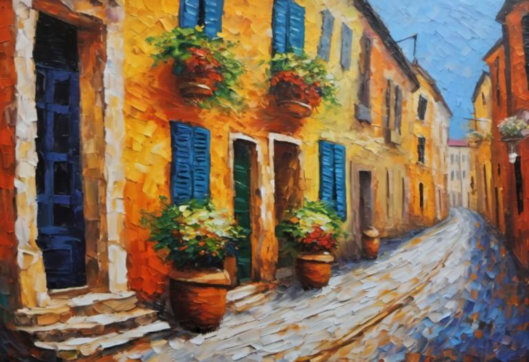 Oil Painting,Oil Painting, City, street, no humans, scenery, outdoors, plant, sky, building