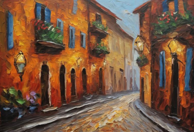 Oil Painting,Oil Painting, City, street, scenery, no humans, outdoors, arch, traditional media, sky