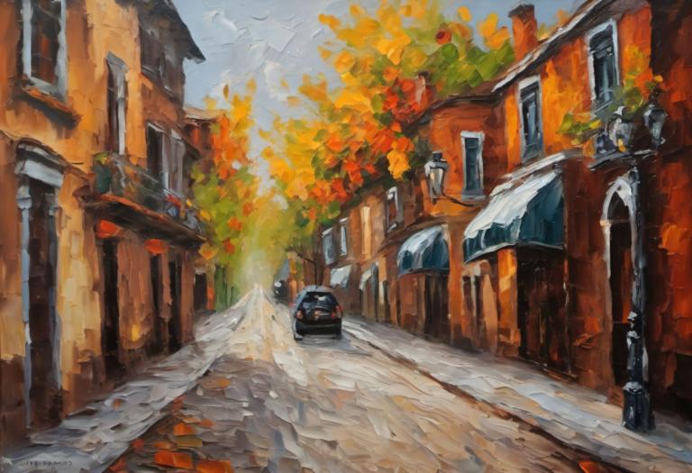 Pittura ad olio,Pittura ad olio, Città, strada, nessun essere umano, scenario, all'aperto, veicolo terrestre