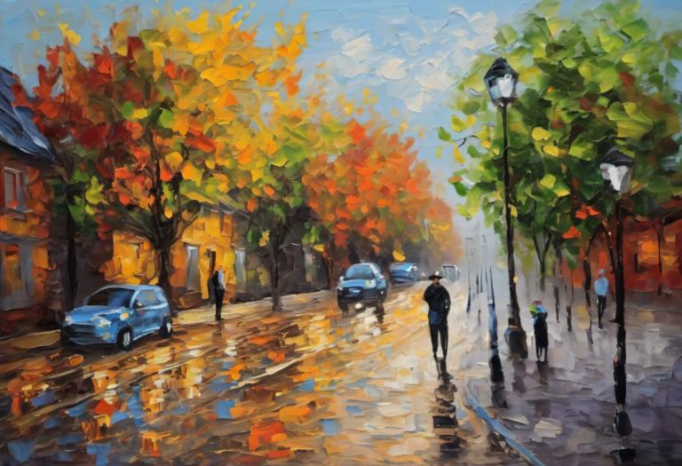 Oil Painting,Oil Painting, City, street, car, motor vehicle, ground vehicle, road, tree, outdoors, lamppost