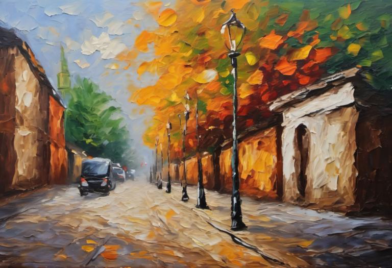 Pittura ad olio,Pittura ad olio, Città, strada, veicolo terrestre, veicolo a motore, nessun essere umano