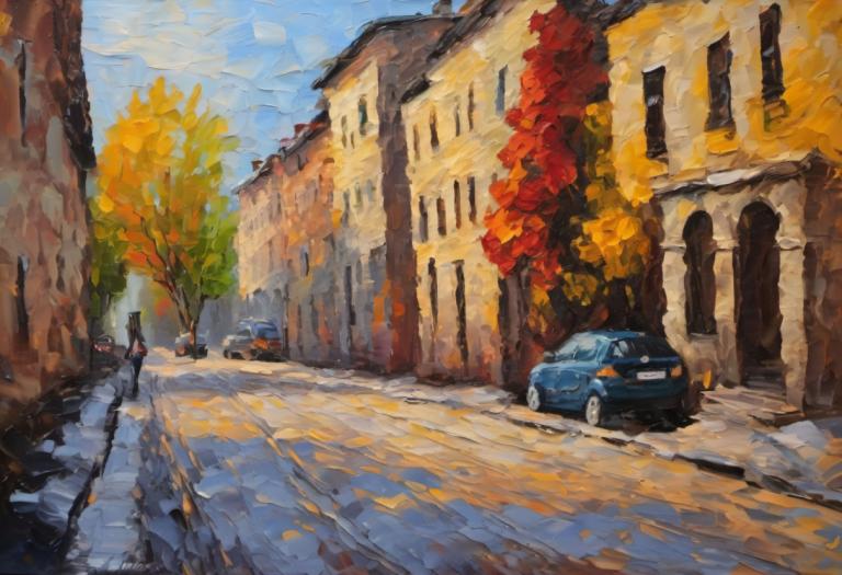 Oil Painting,Oil Painting, City, street, motor vehicle, car, ground vehicle, tree, outdoors, no humans