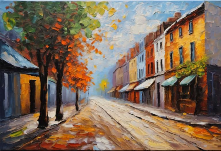 Oil Painting,Oil Painting, City, street, no humans, scenery, tree, sky, outdoors, traditional media, cloud