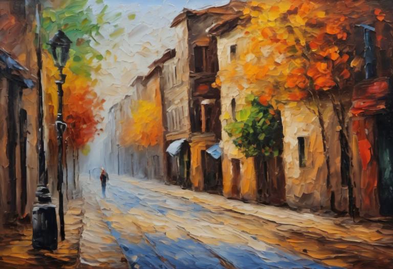 Oil Painting,Oil Painting, City, street, scenery, outdoors, tree, road, traditional media, lamppost