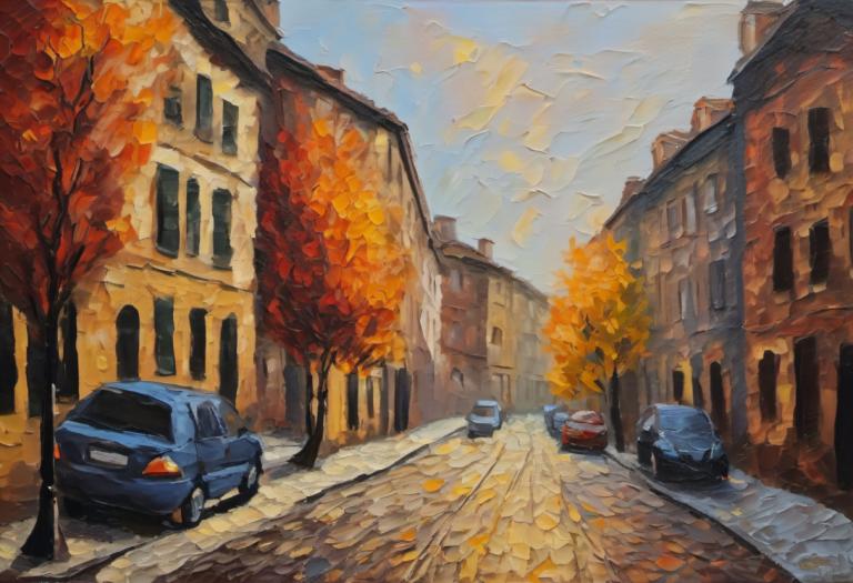 Oil Painting,Oil Painting, City, street, no humans, car, motor vehicle, ground vehicle, tree, outdoors