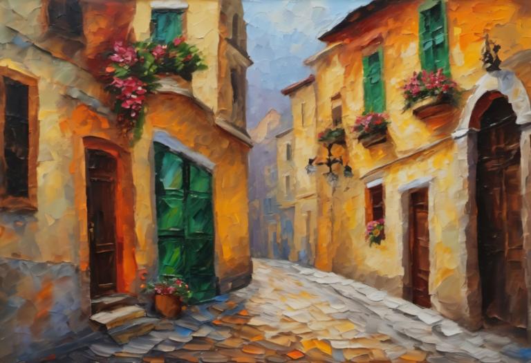 Pittura ad olio,Pittura ad olio, Città, strada, scenario, nessun essere umano, media tradizionali, all'aperto