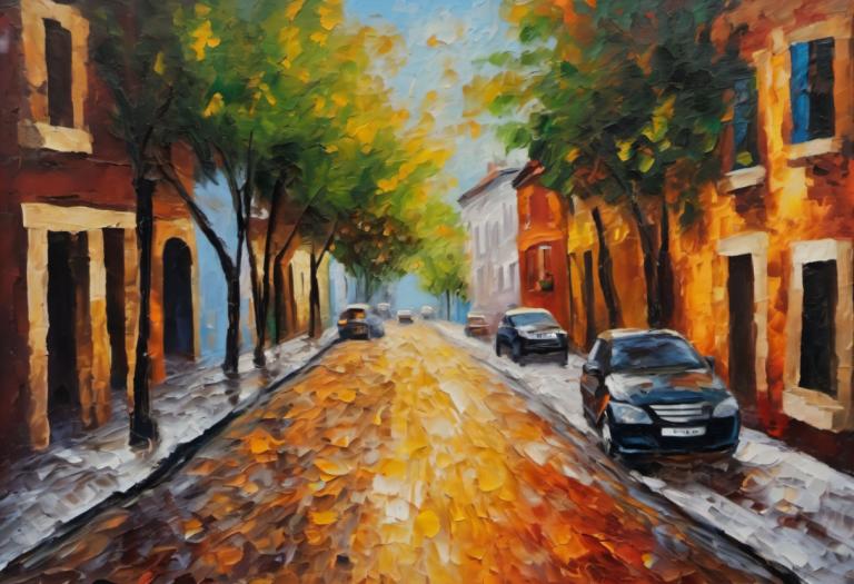 Oil Painting,Oil Painting, City, street, car, no humans, motor vehicle, ground vehicle, tree, outdoors, road