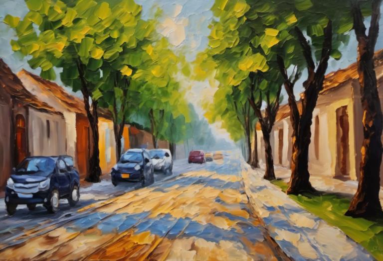 Oil Painting,Oil Painting, City, street, no humans, motor vehicle, ground vehicle, tree, car, outdoors, road