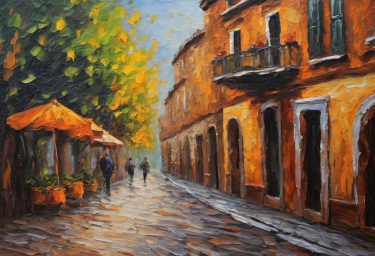 Oil Painting,Oil Painting, City, street, scenery, outdoors, tree, traditional media, day, painting (medium)