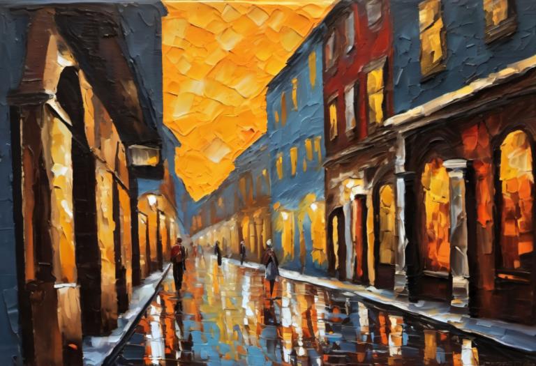 Oil Painting,Oil Painting, City, street, scenery, reflection, arch, building, window, traditional media