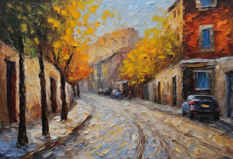 Oil Painting,Oil Painting, City, street, motor vehicle, car, ground vehicle, no humans, tree, scenery