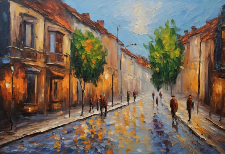 Oil Painting,Oil Painting, City, street, lamppost, scenery, outdoors, tree, sky, road, street, building