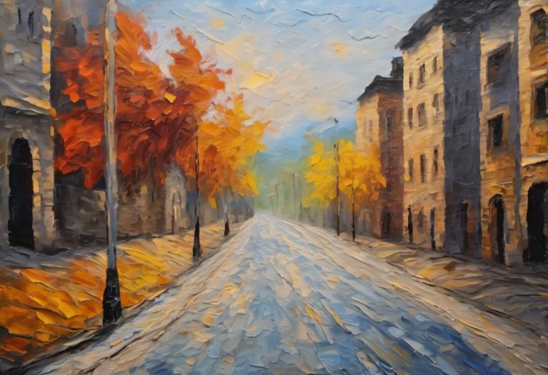 Oil Painting,Oil Painting, City, street, no humans, scenery, outdoors, sky, autumn leaves, road, tree, day