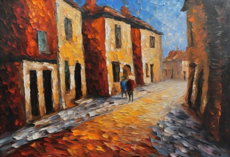 Oil Painting,Oil Painting, City, street, scenery, outdoors, day, sky, traditional media, building