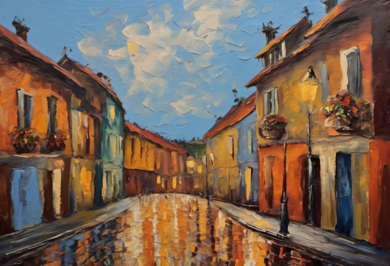 Pittura ad olio,Pittura ad olio, Città, strada, cielo, scenario, nessun essere umano, nuvola, giorno